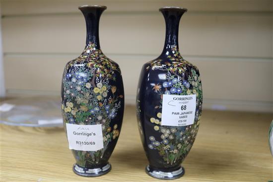 A pair of late 19th century Japanese cloisonne silver wirework vases, H.19cm